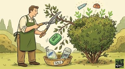 Illustration of a gardener trimming a bush, with Softsoap, Irish Spring, and Speed Stick products falling into a basket marked 'SALE'.