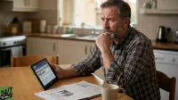 A middle-aged man with a beard, wearing a brown and white plaid shirt, sits at a light wooden kitchen table. He holds a black tablet in his left hand, displaying a news headline that reads 'WHOLESALE INFLATION RISES AGAIN'. His right hand is resting on his chin, and he looks thoughtfully to the right. A folded newspaper and a beige mug are on the table, with a modern kitchen background featuring light-colored cabinets, a sink, and appliances.