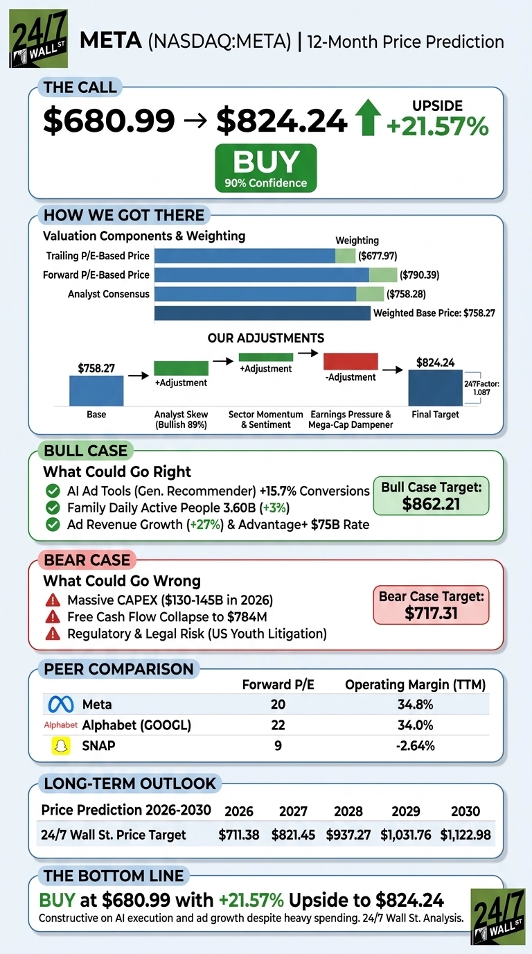 An infographic titled 'META (NASDAQ:META) | 12-Month Price Prediction'. The top section, 'THE CALL,' shows an arrow from $680.99 to $824.24 with an 'Upside +21.57%' and a large green 'BUY' button with '90% Confidence.' Below, 'HOW WE GOT THERE' details valuation components and weighting with horizontal bars for Trailing P/E-Based Price ($677.97), Forward P/E-Based Price ($790.39), Analyst Consensus ($758.28), leading to a Weighted Base Price of $758.27. 'OUR ADJUSTMENTS' uses a flow chart showing sequential adjustments from Base $758.27 (Analyst Skew, Sector Momentum & Sentiment) to an increase, followed by an adjustment (Earnings Pressure & Mega-Cap Dampener) causing a decrease, leading to a Final Target of $824.24. The 'BULL CASE' lists three green-checked items for potential growth (AI Ad Tools, Family Daily Active People, Ad Revenue Growth) and a Bull Case Target of $862.21. The 'BEAR CASE' lists three red-alert items for potential risks (Massive CAPEX, Free Cash Flow Collapse, Regulatory & Legal Risk) and a Bear Case Target of $717.31. A 'PEER COMPARISON' table shows Forward P/E and Operating Margin (TTM) for Meta (20, 34.8%), Alphabet (22, 34.0%), and SNAP (9, -2.64%). The 'LONG-TERM OUTLOOK' table displays 24/7 Wall St. Price Targets from 2026 to 2030: $711.38, $821.45, $937.27, $1,031.76, $1,122.98. The 'THE BOTTOM LINE' reiterates a 'BUY at $680.99 with +21.57% Upside to $824.24,' with a constructive note on AI and ad growth. The infographic uses a color scheme of dark blue, light blue, green, and red, against a white background with a light blue border.