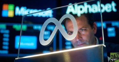 Financial news often feels abstract; placing Meta's branding in direct visual competition with its rivals (Alphabet/Microsoft) via color theory and sharp lighting makes the market struggle feel immediate and high-stakes.