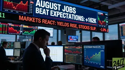 A focused male trader in a suit sits at a desk, looking at multiple computer monitors displaying stock charts and financial data. Above him, a large blue digital ticker displays white text reading 'AUGUST JOBS BEAT EXPECTATIONS: +162K' and red text 'MARKETS REACT: YIELDS RISE, STOCKS SLIP. -1.0%'. Another screen on his desk shows a chart titled '10 YEAR TREASURY YIELD HIT 4.77%'. Other traders are visible in the background, also at desks with monitors, in a dimly lit office environment.