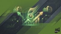 A hand inserts a coin with a 'P' symbol into a glowing green upward-trending stock chart, with icons representing gaming and transportation industries nearby.