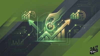 A hand inserts a coin with a 'P' symbol into a glowing green upward-trending stock chart, with icons representing gaming and transportation industries nearby.