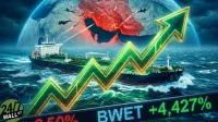 An illustration depicts a large oil tanker ship sailing on a dark, stormy ocean, with a prominent glowing green upward arrow rising sharply over it. In the background, a globe shows a red, conflict-ridden Middle East region with fighter jets and missile trails. At the bottom, a digital financial ticker displays 'BWET +4,427%'. A '24/7 Wall St' logo is visible in the bottom left.