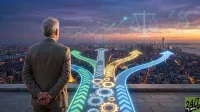 A man in a grey suit, viewed from behind, stands on a rooftop overlooking a sprawling city at sunset. Three glowing, segmented arrows with chevron patterns emerge from the foreground, extending over the cityscape, depicting different future paths. The central arrow includes glowing gear symbols. Holographic financial charts, a balance scale, and the number '68' are superimposed in the sky above the city.