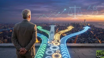 A man in a grey suit, viewed from behind, stands on a rooftop overlooking a sprawling city at sunset. Three glowing, segmented arrows with chevron patterns emerge from the foreground, extending over the cityscape, depicting different future paths. The central arrow includes glowing gear symbols. Holographic financial charts, a balance scale, and the number '68' are superimposed in the sky above the city.