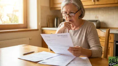 An elderly woman with gray hair and glasses, wearing a beige top, sits at a wooden table in a well-lit room. She is holding a white paper with 'Medical bill collection' visible at the top, looking down at it with a thoughtful or concerned expression, with her hand touching her chin. Other papers and a pen are scattered on the table. A window with bright natural light and kitchen cabinets are visible in the background.