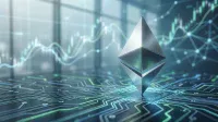 A silver, metallic 3D Ethereum logo stands upright in the center-right foreground. It rests on a dark surface patterned with glowing blue and green circuit board lines. In the blurred background, a windowed office setting is visible behind abstract, glowing blue and green financial charts and a network of connected dots, suggesting a digital and financial theme.