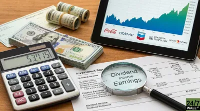 An overhead shot of a wooden desk with financial items: stacks of $100 US dollar bills, rolled dollar bills labeled 'Dividend', a calculator showing '537.15', a dividend checks statement, a magnifying glass over an investment statement highlighting 'Dividend Income Earnings', and a tablet displaying a stock market graph with company logos for Coca-Cola, Abbvie, Chevron, Franklin Templeton, and Realty Income.