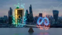 A conceptual image showing a balance scale against a blurred city skyline. On the left, three golden oil barrels with an oil drop symbol glow with blue and green light, causing that side of the scale to dip down. On the right, a glowing blue, geometric infinity symbol emits orange and red light, and that side of the scale is raised. Faint, wavy line graphs are visible in the background.