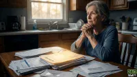 An elderly woman with grey hair and a blue long-sleeved shirt sits at a wooden kitchen table, looking off to the left with a worried expression, her hands clasped. In front of her are multiple large stacks of white papers and envelopes, with one yellow folder clearly labeled "MEDICAID" visible. The background shows a kitchen with a window, sink, coffee maker, and wooden cabinets, with warm light illuminating the table.