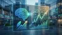 A vibrant digital graphic displays a glowing, neon-blue and green brain on the left, emitting light trails that connect to a holographic financial interface on the right. The interface features dynamic bar graphs, candlestick charts, binary code, and floating currency symbols (dollar, euro, pound) in glowing blues, greens, and yellows. Below the brain and charts, a feather icon accompanies an upward-trending bar graph with an arrow, all rendered in a glowing digital style. The background is a blurred, modern cityscape with glass buildings and faint financial tickers.