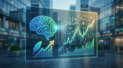 A vibrant digital graphic displays a glowing, neon-blue and green brain on the left, emitting light trails that connect to a holographic financial interface on the right. The interface features dynamic bar graphs, candlestick charts, binary code, and floating currency symbols (dollar, euro, pound) in glowing blues, greens, and yellows. Below the brain and charts, a feather icon accompanies an upward-trending bar graph with an arrow, all rendered in a glowing digital style. The background is a blurred, modern cityscape with glass buildings and faint financial tickers.
