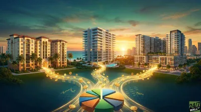 An aerial view of three luxurious apartment buildings at sunset, symbolizing real estate investment. Golden coins flow from the entrances of the buildings, tracing luminous paths that converge into a colorful pie chart at the bottom center, representing diversified financial assets. In the background, abstract financial charts are overlaid on a dark blue surface, and a vibrant orange and teal sunset lights the sky above coastal and urban landscapes.