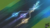Digital art of three computer processors connected to a glowing upward-pointing arrow and a financial growth bar chart with a dollar symbol.