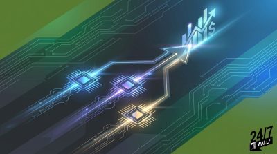 Digital art of three computer processors connected to a glowing upward-pointing arrow and a financial growth bar chart with a dollar symbol.