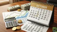A top-down view of a wooden desk covered with financial items. On the left are two stacks of US hundred-dollar bills, a small stack of gold coins, and a gray calculator displaying '12345690'. In the middle, a white paper shows a candlestick chart with a green upward trend line, blue bar graphs, and numerical data. To the right, a gold-and-white desk calendar for October is open, with dates 8, 15, 21, and 22 circled. Partially visible below is a November calendar. The scene conveys organization and financial management.