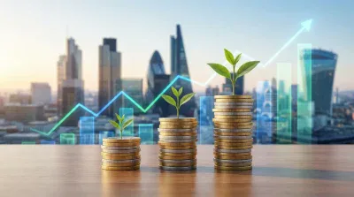 Three increasing stacks of gold and silver coins, each with a small green plant growing from the top, are arranged on a wooden surface. In the blurred background, a modern cityscape with tall skyscrapers is visible under a bright sky. Overlaying the cityscape is a vibrant blue and green line graph trending sharply upwards with an arrow, along with semi-transparent vertical bar chart elements, symbolizing financial growth.