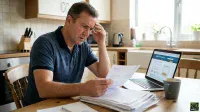 A middle-aged Caucasian man with short brown hair, wearing a blue polo shirt, sits at a wooden kitchen table, looking stressed. He holds a piece of paper in his hands and rests his left hand on his forehead. A stack of papers is on the table in front of him, next to a silver laptop displaying a 'Health Insurance' website. A grey mug is to the right of the laptop. The background shows a modern kitchen with light cabinets and tiles.