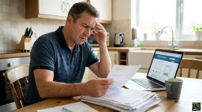 A middle-aged Caucasian man with short brown hair, wearing a blue polo shirt, sits at a wooden kitchen table, looking stressed. He holds a piece of paper in his hands and rests his left hand on his forehead. A stack of papers is on the table in front of him, next to a silver laptop displaying a 'Health Insurance' website. A grey mug is to the right of the laptop. The background shows a modern kitchen with light cabinets and tiles.