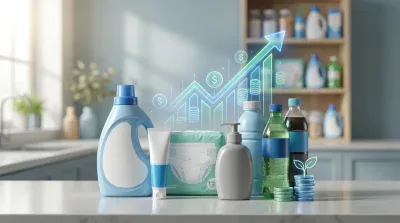 A collection of consumer staple products, including a light blue laundry detergent bottle, a white lotion tube with blue accent, a package of baby diapers, a gray pump bottle, and various beverage bottles, are arranged on a white countertop. Behind them, a translucent, glowing blue and green upward-trending bar graph with dollar signs and stacked coins overlays the scene, symbolizing growth. In the background, a blurred kitchen or utility room with a window and shelves of products is visible. A small plant grows from a stack of coins on the right.
