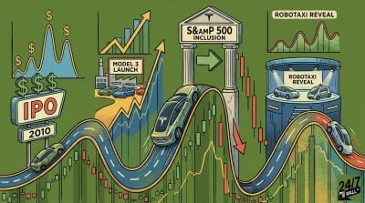 An illustrative chart showing a Tesla car driving along a winding road representing a volatile stock market graph, passing through major milestones like the 2010 IPO and Robotaxi Reveal.