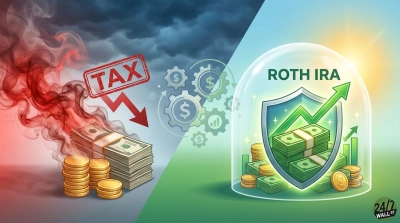 A graphic illustration divided into two sections. The left section, under a dark, stormy sky with red smoke, shows stacks of cash and coins with a prominent red 'TAX' stamp and a downward arrow, symbolizing financial loss due to taxes. The right section, under a bright, clear sky, features a transparent dome labeled 'ROTH IRA' protecting stacks of money, gold coins, a shield, and an upward-trending green arrow with a bar chart, representing secure financial growth and tax protection. Gears with dollar signs and growth charts bridge the two sections in the center.