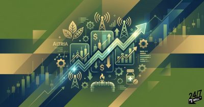 A green and gold conceptual financial graphic showing a large glowing arrow trending upward through icons representing tobacco, telecommunications, energy, and healthcare industries.