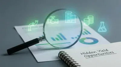 A magnifying glass rests on a grey desk, positioned over a document displaying financial charts in shades of blue and green. To the right, a spiral-bound notebook with the handwritten phrase 'Hidden Yield Opportunities' is open, with a black pen resting on it. Several glowing, teal and green outline icons—a bent pipe, a pipe with a valve, two buildings, stacked coins, and a chemical flask with bubbles—float above the paper and through the magnifying glass, symbolizing different industries.