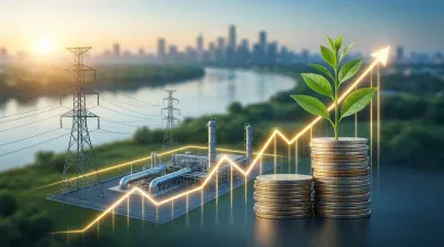 A vibrant image at dawn or dusk shows a detailed industrial power plant and tall electricity pylons on the left, with a wide river and blurred city skyline in the background. On the right, two stacks of silver and gold coins are topped by a small green plant, while a glowing golden line graphs an upward trend across the entire scene, culminating in an arrow pointing upwards.