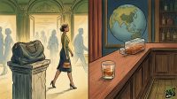 A two-panel illustration showing a woman in a luxury store and a bar scene with a globe highlighting Asia.