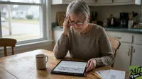 A white elderly woman with short gray hair and glasses sits at a wooden table, her left hand pressed to her forehead in a pensive gesture. She looks down intently at a black tablet in her right hand, which displays a news article about SSI benefits. To her left, a light-colored mug rests on the table, and to her right, a stack of white envelopes is visible. In the background, a kitchen with white cabinets and a large window looking out onto a residential street is partially visible. The '24/7 Wall St.' logo is in the bottom right corner.