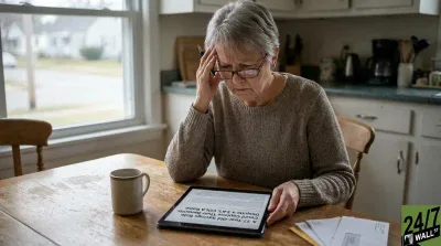 A white elderly woman with short gray hair and glasses sits at a wooden table, her left hand pressed to her forehead in a pensive gesture. She looks down intently at a black tablet in her right hand, which displays a news article about SSI benefits. To her left, a light-colored mug rests on the table, and to her right, a stack of white envelopes is visible. In the background, a kitchen with white cabinets and a large window looking out onto a residential street is partially visible. The '24/7 Wall St.' logo is in the bottom right corner.