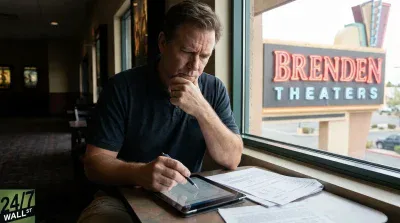 A man in a dark polo shirt sits by a window, looking intently at a tablet and papers. His left hand is on his chin in thought, while his right hand holds a stylus over the tablet. Outside the window, a large sign for 'BRENDEN THEATERS' is visible. The interior is dimly lit, typical of a theater lobby.