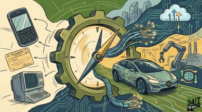 A conceptual illustration showing a large mechanical gear bridging the gap between old technology like a BlackBerry phone and CRT monitor to modern tech including an electric car and industrial robots.