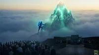 A digital artwork depicting a person in hiking gear with a glowing blue backpack climbing a steep, glowing green mountain that has the number '10,000' illuminated on its face. The mountain rises above a dense sea of clouds under a dawn sky. Below and to the right, a large crowd of people in business attire looks up at the climber and the mountain, while a modern financial trading floor with multiple screens is visible to their right.