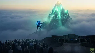 A digital artwork depicting a person in hiking gear with a glowing blue backpack climbing a steep, glowing green mountain that has the number '10,000' illuminated on its face. The mountain rises above a dense sea of clouds under a dawn sky. Below and to the right, a large crowd of people in business attire looks up at the climber and the mountain, while a modern financial trading floor with multiple screens is visible to their right.