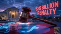 A judge's wooden gavel with a brass band is angled over stacks of glowing blue and red cryptocurrency coins, including Bitcoin and a stylized 'f' symbol, suggesting a judgment. Sparks emanate from the point of impact. In the background, a classical courthouse building with columns is partially visible on the left, and a large digital screen displaying '$25 BILLION PENALTY' in red text is prominent on the right. The scene is set at dusk or night with a dark, dramatic sky.