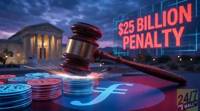 A judge's wooden gavel with a brass band is angled over stacks of glowing blue and red cryptocurrency coins, including Bitcoin and a stylized 'f' symbol, suggesting a judgment. Sparks emanate from the point of impact. In the background, a classical courthouse building with columns is partially visible on the left, and a large digital screen displaying '$25 BILLION PENALTY' in red text is prominent on the right. The scene is set at dusk or night with a dark, dramatic sky.