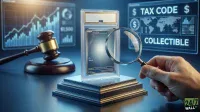 A hand holds a magnifying glass over a graded collectible trading card, displayed on a tiered pedestal. To the left is a wooden judge's gavel, and in the background, two illuminated holographic screens show financial graphs, a world map, and text including 'TAX CODE' and 'COLLECTIBLE.' The scene is dark and blue-toned, highlighting the glowing screens.