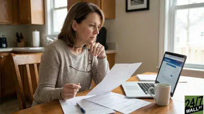 A woman with medium-length brown hair, wearing a light beige knit sweater, sits at a wooden table indoors. She holds a pair of reading glasses in her right hand and intently reads a white document. Several other white papers, a blue pen, a silver laptop displaying an 'Online Banking' interface, and a white coffee mug are scattered on the table. In the background, wooden kitchen cabinets, a sink, and a window are visible.