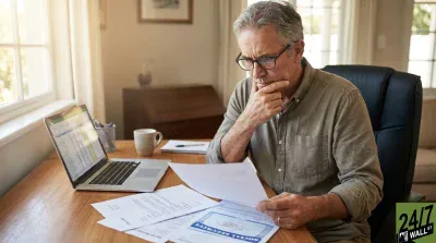 A middle-aged man with gray hair and glasses sits at a wooden desk, engrossed in reviewing multiple documents, one of which clearly displays 'SOCIAL SECURITY'. A laptop with a spreadsheet is open to his left, alongside a coffee mug, and a bright window illuminates the background.