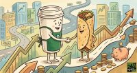 A cartoon Starbucks cup and Chipotle burrito shake hands on a winding path surrounded by financial growth charts and stacks of coins.