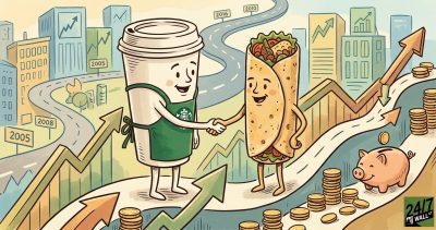 A cartoon Starbucks cup and Chipotle burrito shake hands on a winding path surrounded by financial growth charts and stacks of coins.