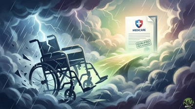 An illustration showing a broken wheelchair on the left, surrounded by dark storm clouds, heavy rain, and bright lightning flashes. On the right, a clear, glowing path cuts through the clouds, leading to a white document labeled "MEDICARE" with a blue and red shield logo. The document features text lines and a prominent green stamp that reads "QUALIFIED REPLACEMENT."