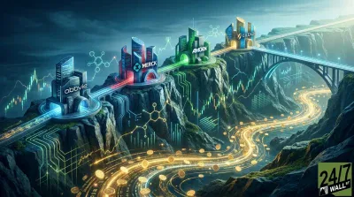A vibrant digital artwork shows four futuristic city-like structures on cliff tops, labeled 'AbbVie,' 'Merck,' 'Amgen,' and 'Gilead,' each glowing with distinct colors (blue, red, green, gold). Glowing digital pathways connect these structures across a mountainous landscape. Stock market candlestick charts and chemical molecular structures are integrated into the terrain. A river of luminous golden coins flows through the valley below, suggesting financial currents. The sky is dark and cloudy with bright light breaking through on the right.