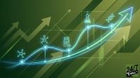 A stylized stock market growth chart with glowing lines and scientific symbols like pill bottles and beakers against a green background with upward-pointing arrows.