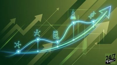 A stylized stock market growth chart with glowing lines and scientific symbols like pill bottles and beakers against a green background with upward-pointing arrows.