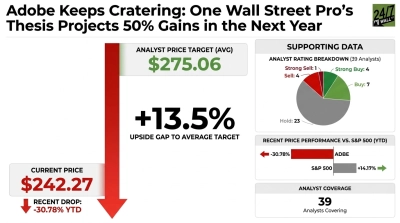 An infographic with financial data for Adobe (ADBE). On the left, a large red downward arrow points from an average analyst price target of $275.06, through a +13.5% upside gap, to the current price of $242.27 and a recent drop of -30.78% YTD. On the right, 'Supporting Data' includes a pie chart showing analyst ratings for 39 analysts: 1 Strong Sell, 4 Sell, 7 Buy, 4 Strong Buy, and 23 Hold. Below that, a bar chart compares ADBE's -30.78% YTD performance (red bar) with S&P 500's +14.17% YTD performance (grey bar with green arrow). At the bottom right, 'Analyst Coverage' shows 39 Analysts Covering.