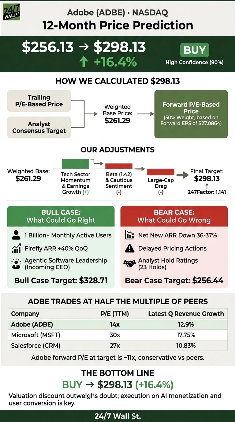 An infographic titled 'Adobe (ADBE) NASDAQ 12-Month Price Prediction'. It displays a target price increase from $256.13 to $298.13, an uplift of 16.4%, with a 'BUY' rating and high confidence (90%). The calculation method shows a Weighted Base Price of $261.29 derived from Trailing P/E-Based Price and Analyst Consensus Target, then adjusted to a Forward P/E-Based Price (50% Weight, based on Forward EPS of $27.0864). Further adjustments include positive 'Tech Sector Momentum & Earnings Growth' and negative 'Beta (1.42) & Cautious Sentiment' and 'Large-Cap Drag', leading to a Final Target of $298.13 with a 247Factor of 1.141. The 'BULL CASE: What Could Go Right' section lists a target of $328.71, with points such as '1 Billion+ Monthly Active Users', 'Firefly ARR +40% QoQ', and 'Agentic Software Leadership (Incoming CEO)'. The 'BEAR CASE: What Could Go Wrong' section lists a target of $256.44, with points like 'Net New ARR Down 36-37%', 'Delayed Pricing Actions', and 'Analyst Hold Ratings (23 Holds)'. A table compares Adobe (ADBE), Microsoft (MSFT), and Salesforce (CRM) on P/E (TTM) and Latest Q Revenue Growth. Adobe has 14x P/E and 12.9% revenue growth; Microsoft 30x P/E and 17.75% revenue growth; Salesforce 27x P/E and 10.83% revenue growth. A note states, 'Adobe forward P/E at target is ~11x, conservative vs peers.' The bottom line reiterates 'BUY -> $298.13 (+16.4%)' and concludes, 'Valuation discount outweighs doubt; execution on AI monetization and user conversion is key.'